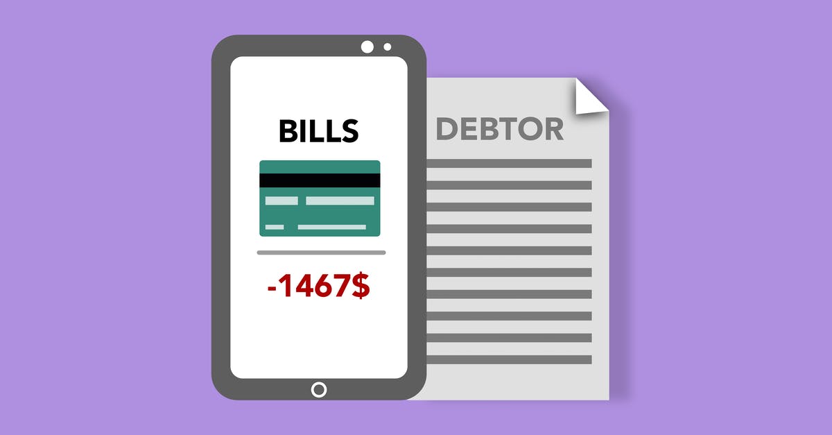Account login and transfer items [duplicate] - Vector illustration of smartphone with credit card picture and bills inscription placed near debtor document against purple background