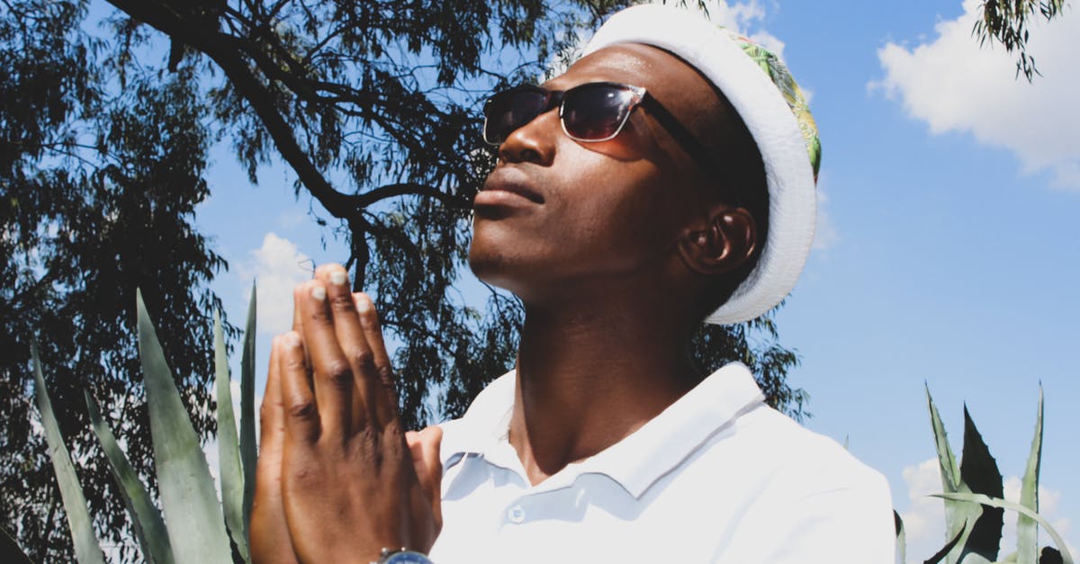 Are cacti more likely to regrow than to appear? - From below of young trendy African American male in white wear and panama with wristwatch looking up with prayer hands under blue cloudy sky