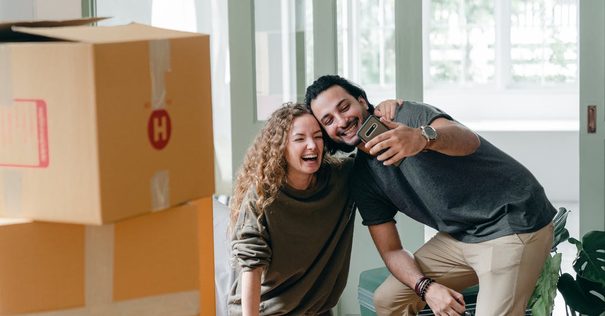 Are Memory Crystals new? - Positive laughing diverse couple in casual clothes taking selfie on smartphone and hugging while unpacking belongings in new cozy apartment