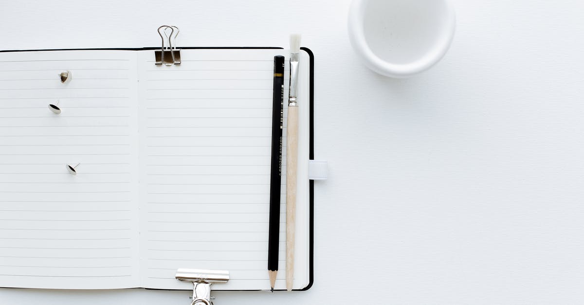 Artifacts List page is blank - Top view composition of opened diary with blank pages placed on white desk with pencil and paintbrush pins Artifacts List page is blank - Top view composition of opened diary with blank pages placed on white desk with pencil and paintbrush pins