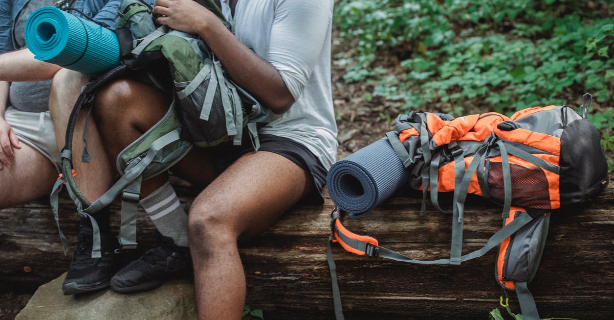 Break blocks in adventure mode - Faceless hikers checking big rucksack in forest Break blocks in adventure mode - Faceless hikers checking big rucksack in forest