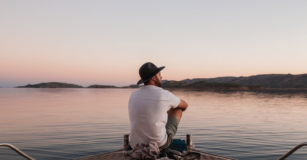 Can't find beach items on SimCity Buildit - Back view of unrecognizable man in casual clothes and hat sitting on boat near photo camera while admiring peaceful sea under cloudless sky