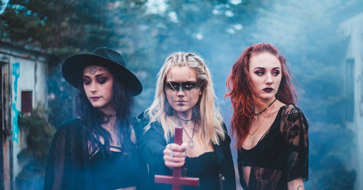 Can I donate dark spells while my dark spell factory is upgrading? - Spooky females in dark clothes with inverse cross standing together in blue colored smoke agains trees