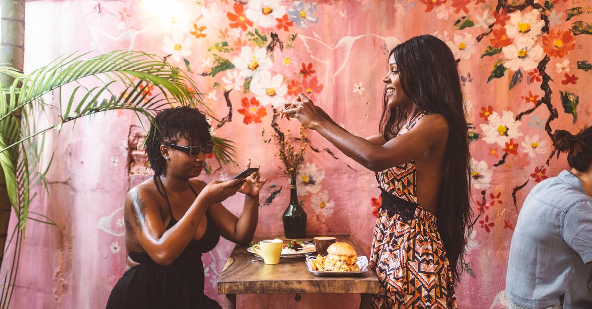 Can I use AR view if my phone doesn't have a gyroscope? [duplicate] - Side view happy African American females in stylish dresses taking photos on smartphones of freshly cooked food while having lunch in cozy cafe against painted wall