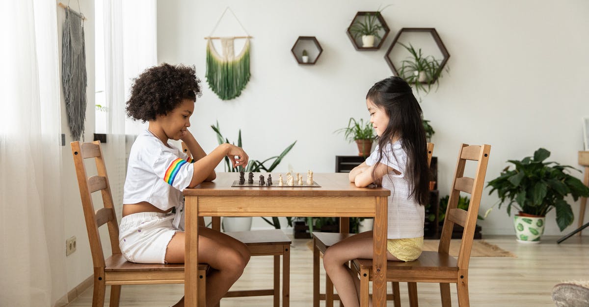 Challenge room locked at full health - Full body side view of multiethnic girls in casual clothing playing chess at wooden table in bright room decorated with plants in pots Challenge room locked at full health - Full body side view of multiethnic girls in casual clothing playing chess at wooden table in bright room decorated with plants in pots
