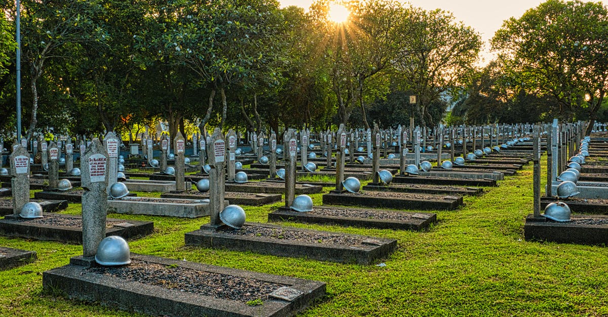 Check death summary after a hero dies in a replay - Rows of tombstones with military helmets located on grassy ground near tall lush green trees in heroes cemetery in Kalibata Check death summary after a hero dies in a replay - Rows of tombstones with military helmets located on grassy ground near tall lush green trees in heroes cemetery in Kalibata