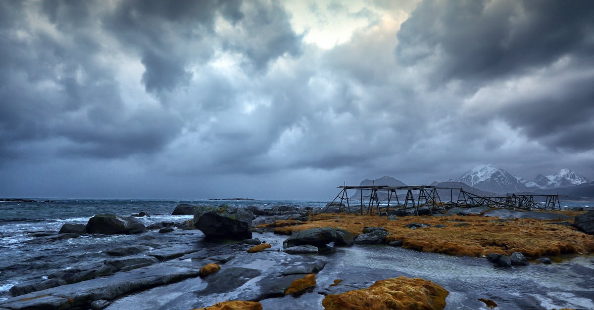 Cinematic blocked in AC Brotherhood - Brown Wooden Dock on Rocky Shore Under Gray Cloudy Sky
