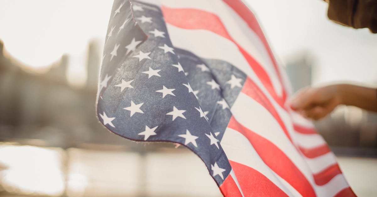 Civ 6 Capture City State - From below of crop person holding national flag of United States of America waving in wind on street against city river