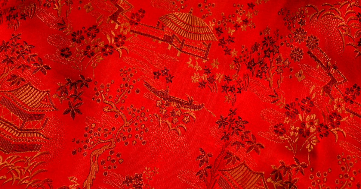 Clothing piece stuck behind creature part. (Spore) - Background of bright fabric with oriental design of tree and floral pattern with traditional huts elements on thick decorated textile Clothing piece stuck behind creature part. (Spore) - Background of bright fabric with oriental design of tree and floral pattern with traditional huts elements on thick decorated textile