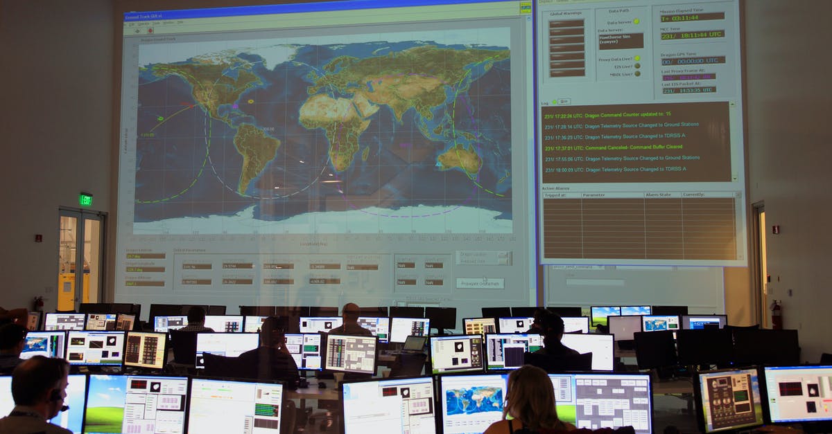 Command availability with multiple officers on base defense - Back view of unrecognizable employees working on computers in flight control room with big interactive map on wall and analyzing data Command availability with multiple officers on base defense - Back view of unrecognizable employees working on computers in flight control room with big interactive map on wall and analyzing data