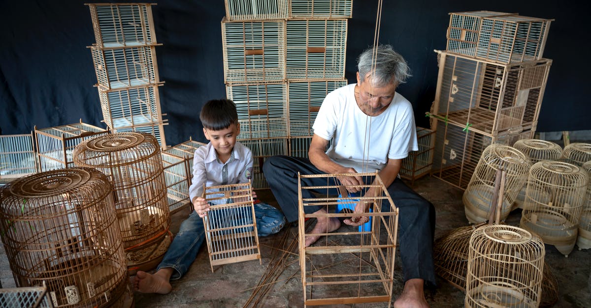 command creation: floor crafting help - From above of gray haired male master and boy sitting on floor while weaving cages in workshop