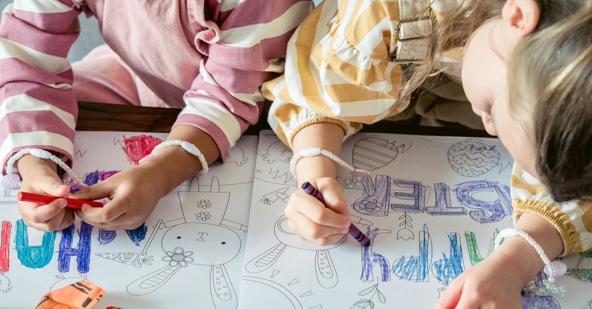 Creating a sidebar help - Sisters coloring multicolored inscription on poster for Easter Creating a sidebar help - Sisters coloring multicolored inscription on poster for Easter