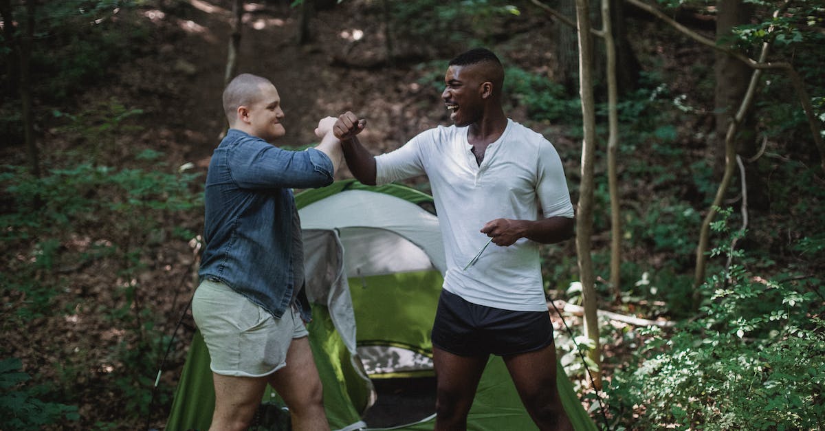 Did I convince the camper to move in? - Happy men near tent in forest