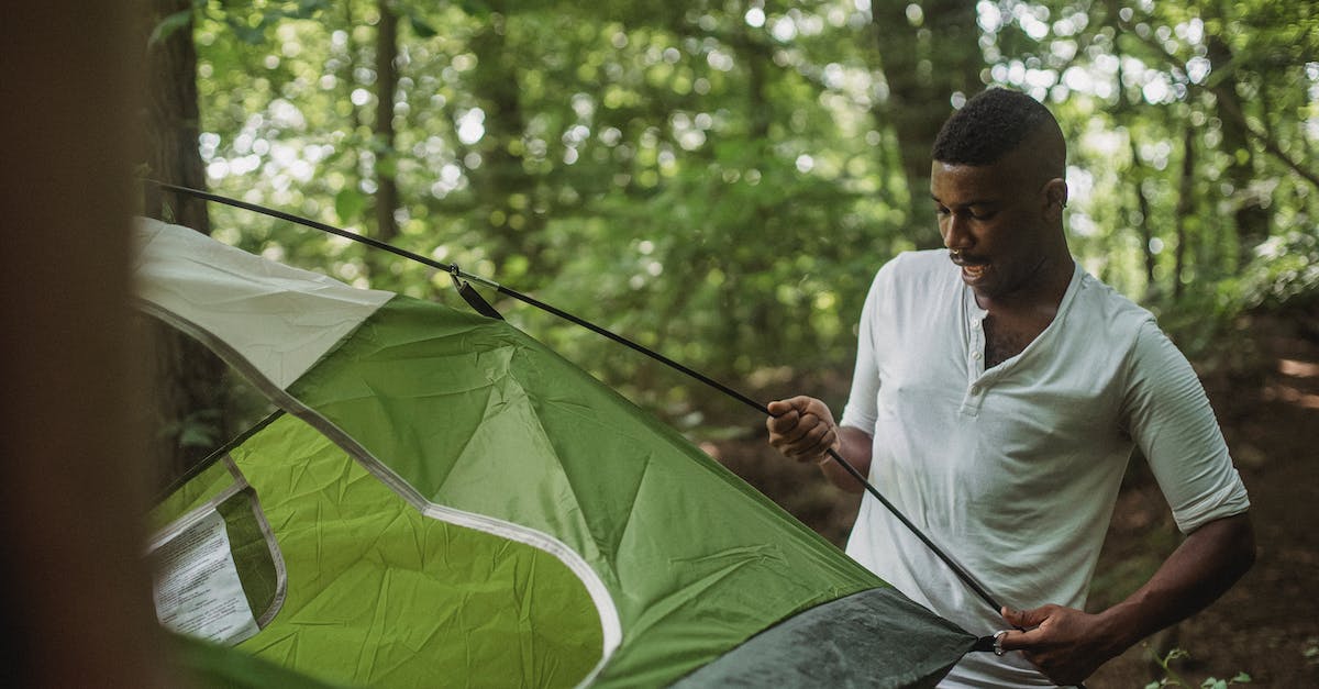 Did I convince the camper to move in? - Happy black man putting tent in forest Did I convince the camper to move in? - Happy black man putting tent in forest