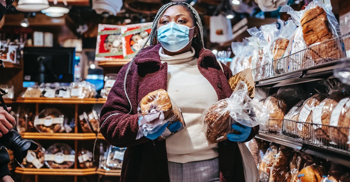 Do your levels and stat records carry over between different region servers? - African American female buyer in protective mask and gloves carrying loafs of bread in grocery store