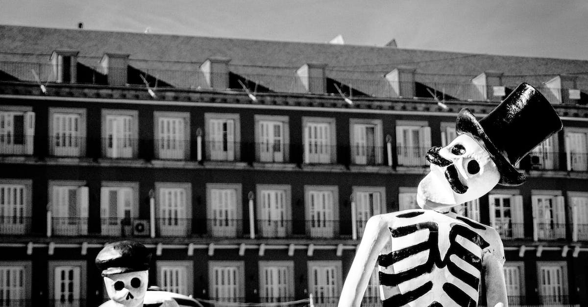 Do Zombies with skulls drop the skulls? - Monochrome Photo of Two Skeleton Wearing Hats