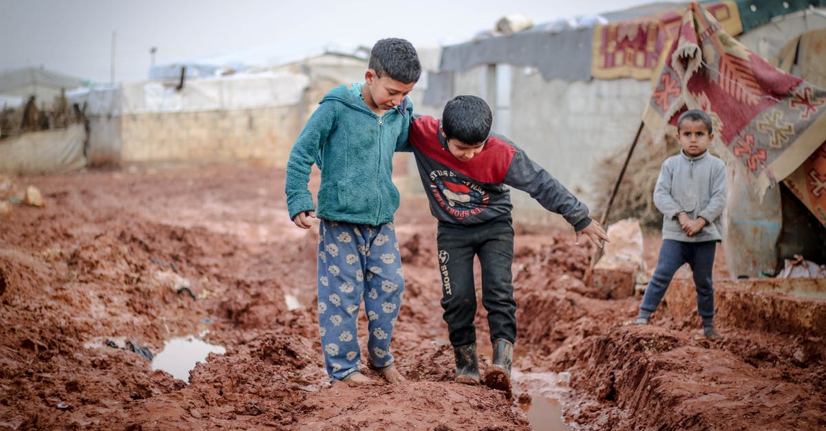 Does every local villager need Nintendo Switch Online to play online? - Full body of ethnic boys and girl standing in mud against shabby buildings in poor settlement