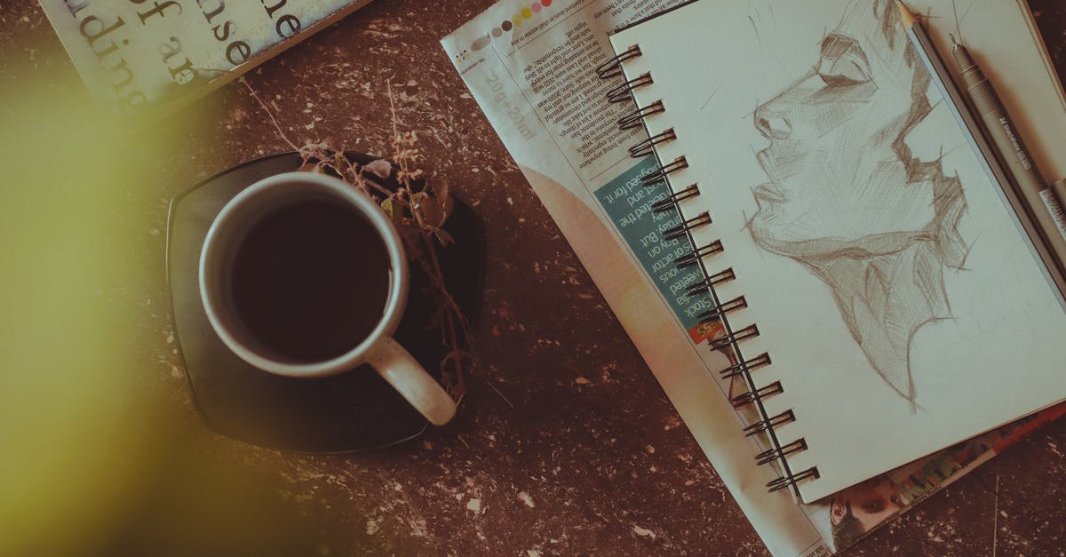 Does stealing via "Mug" also count towards the Talent for Acquisition trophy? - From above of sketchbook with person portrait near pen and pencil next to mug with drink on saucer with herbs on table near book and newspaper in light room