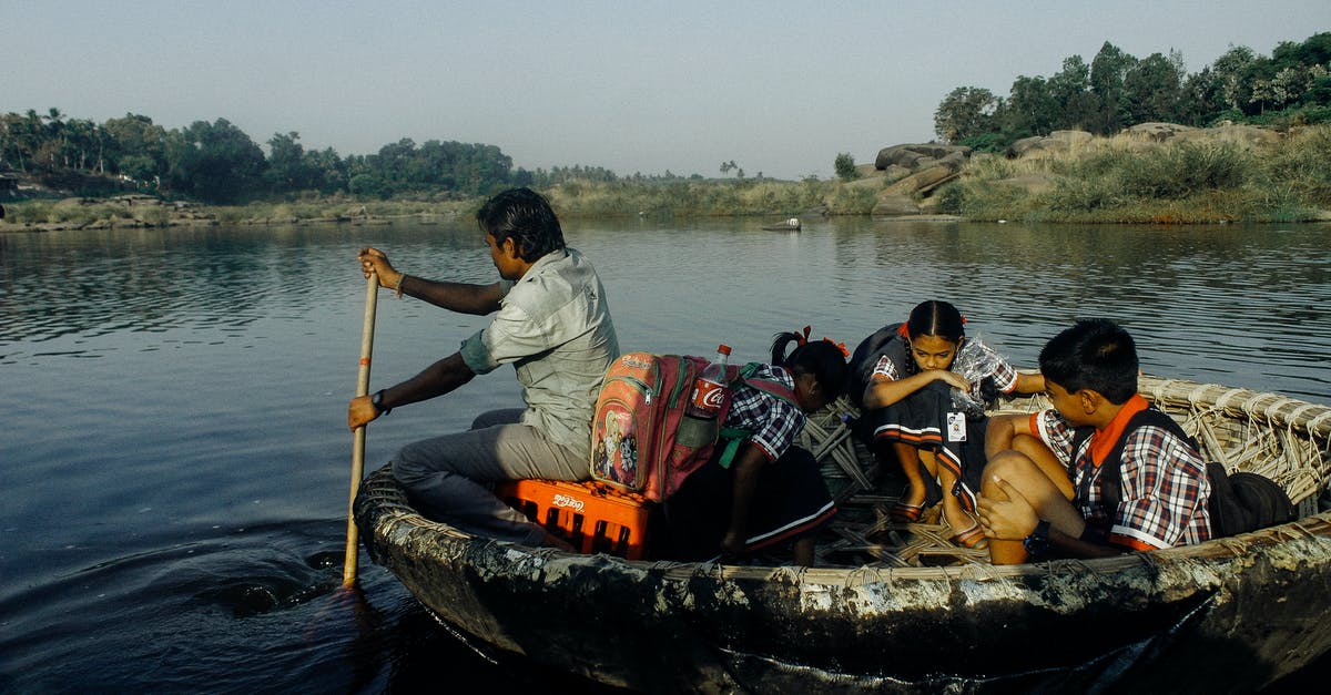 Does the local weather affect the pokemon types that appear? - Group of Indian man and schoolchildren with backpacks sitting in handmade boat while floating on water to school