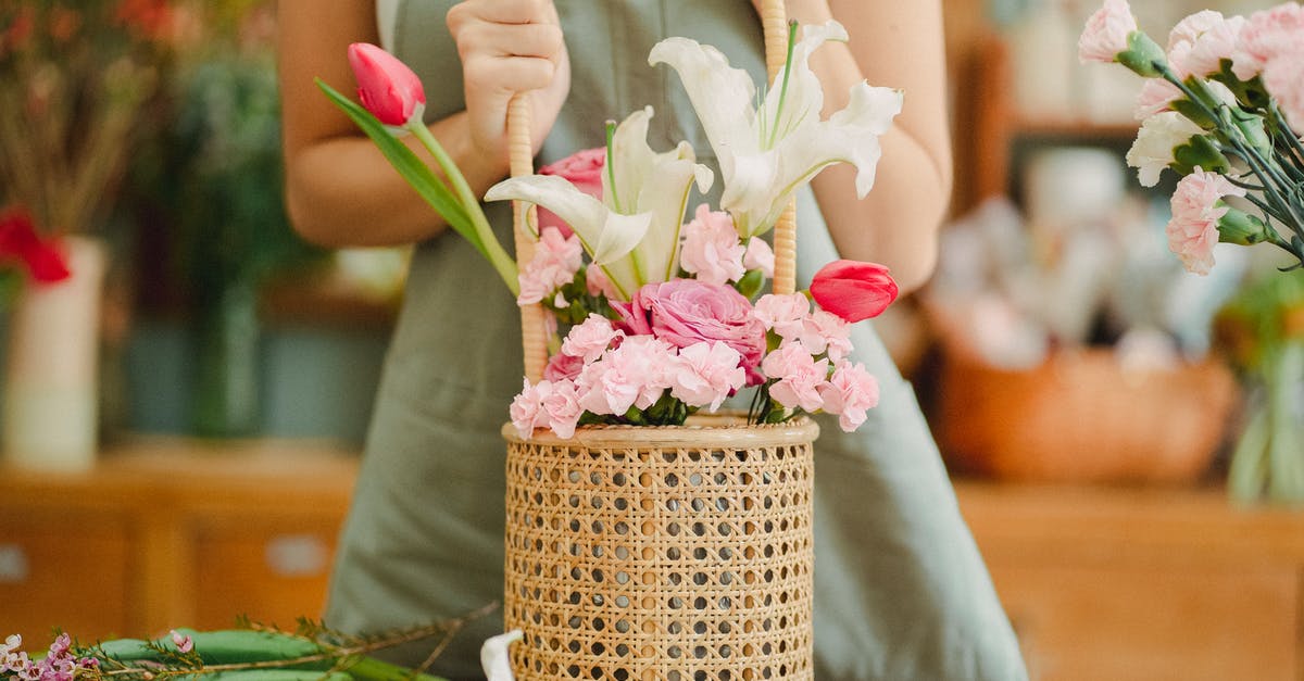Dota 2 workshop content keeps downloading in the background [closed] - Crop anonymous female florist in light green apron standing with aromatic lily and tender pink tulips bouquet arranged in wicker basket in sunny floral shop