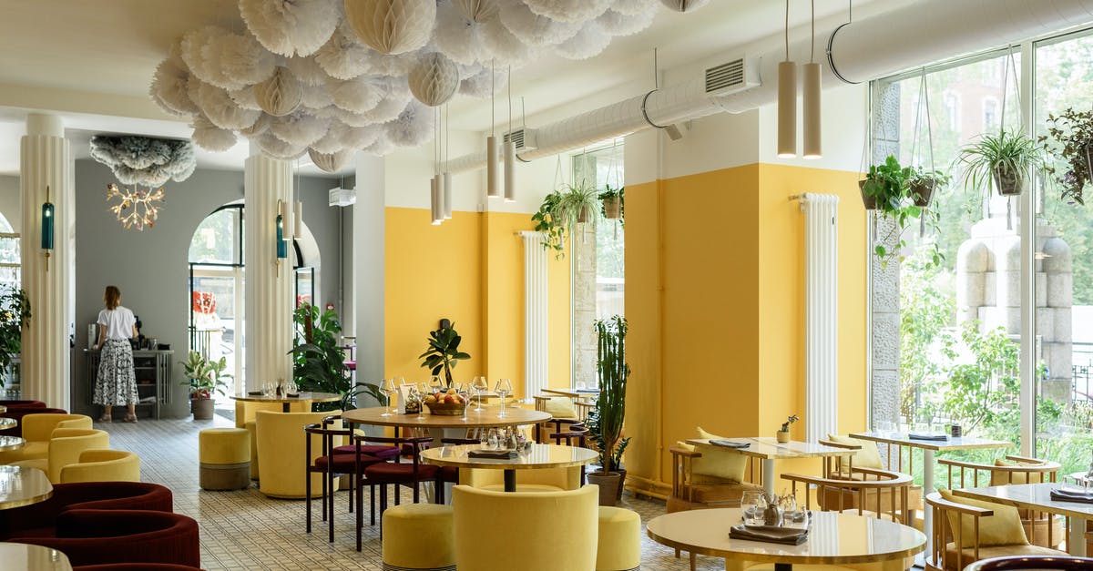 DragonCash for big parks - Creative interior design of modern spacious cafe with bright yellow walls and armchairs decorated with green plants and cozy lamps with big windows against lush greenery DragonCash for big parks - Creative interior design of modern spacious cafe with bright yellow walls and armchairs decorated with green plants and cozy lamps with big windows against lush greenery