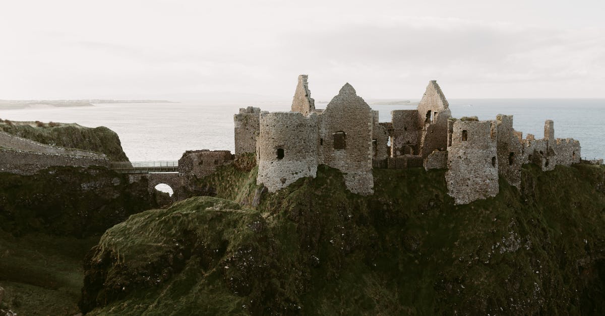 Dwarf Fortress no Flux Stone - old medieval ruins of Dunluce Castle on ocean coast in northern Ireland famous place in uk