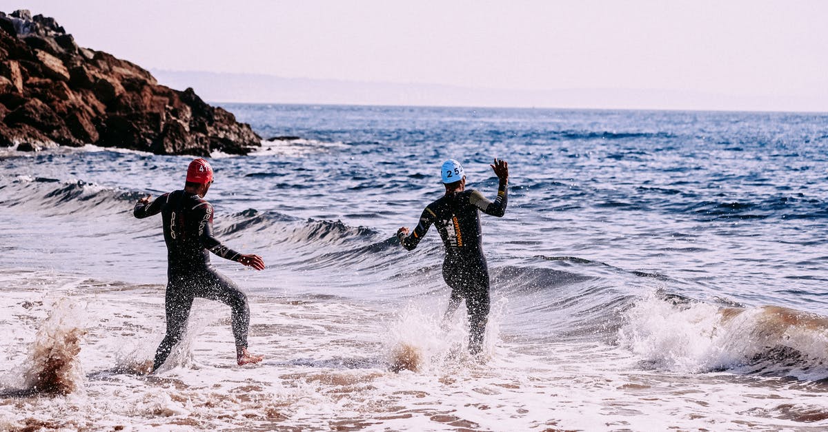 Effectively training multiple formations - Full body side view of people in wetsuits and swim caps coming into wavy ocean in daytime Effectively training multiple formations - Full body side view of people in wetsuits and swim caps coming into wavy ocean in daytime