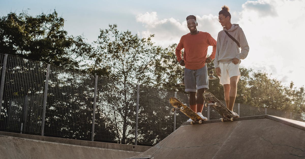 Eve: how my speed impacts ability of opponent to hit me? - Full body of smiling multiracial male skaters in casual outfits standing on ramp and preparing to ride skateboards Eve: how my speed impacts ability of opponent to hit me? - Full body of smiling multiracial male skaters in casual outfits standing on ramp and preparing to ride skateboards