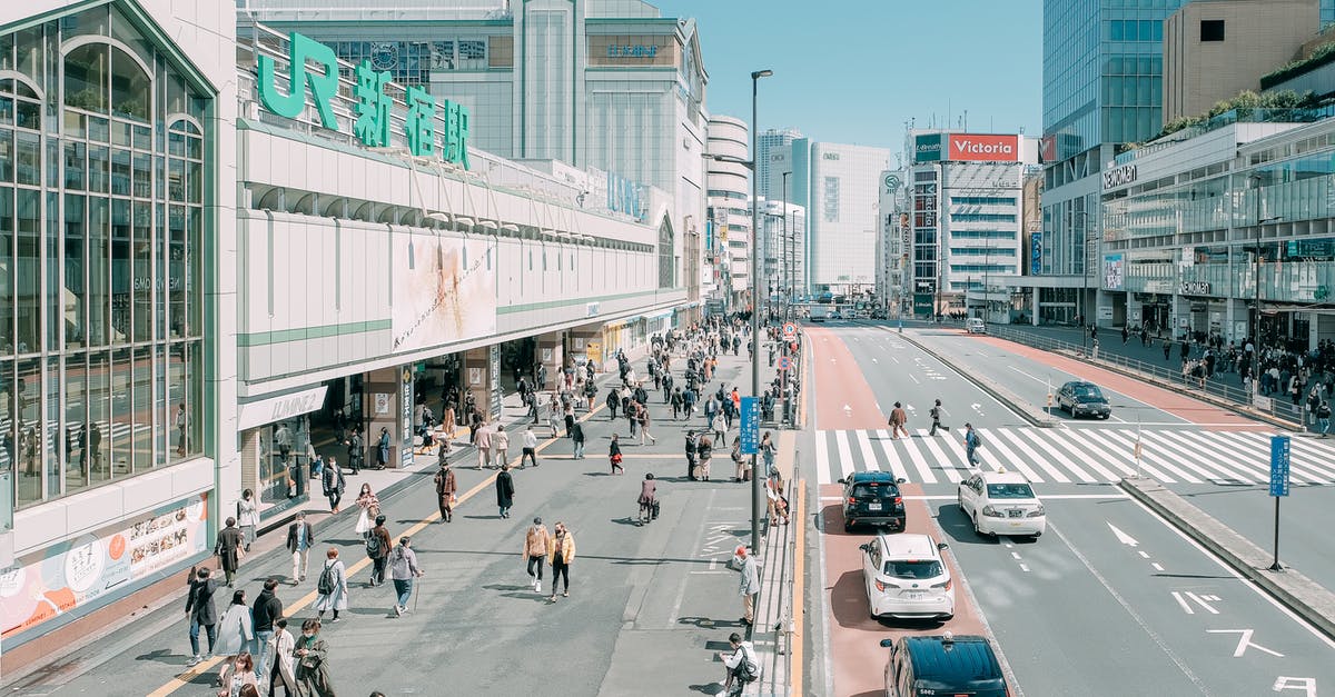 First person sneaking wounds block view. Any way to reset model? - From above of unrecognizable people walking near road and modern Shinjuku Station located against cloudless blue sky in Tokyo