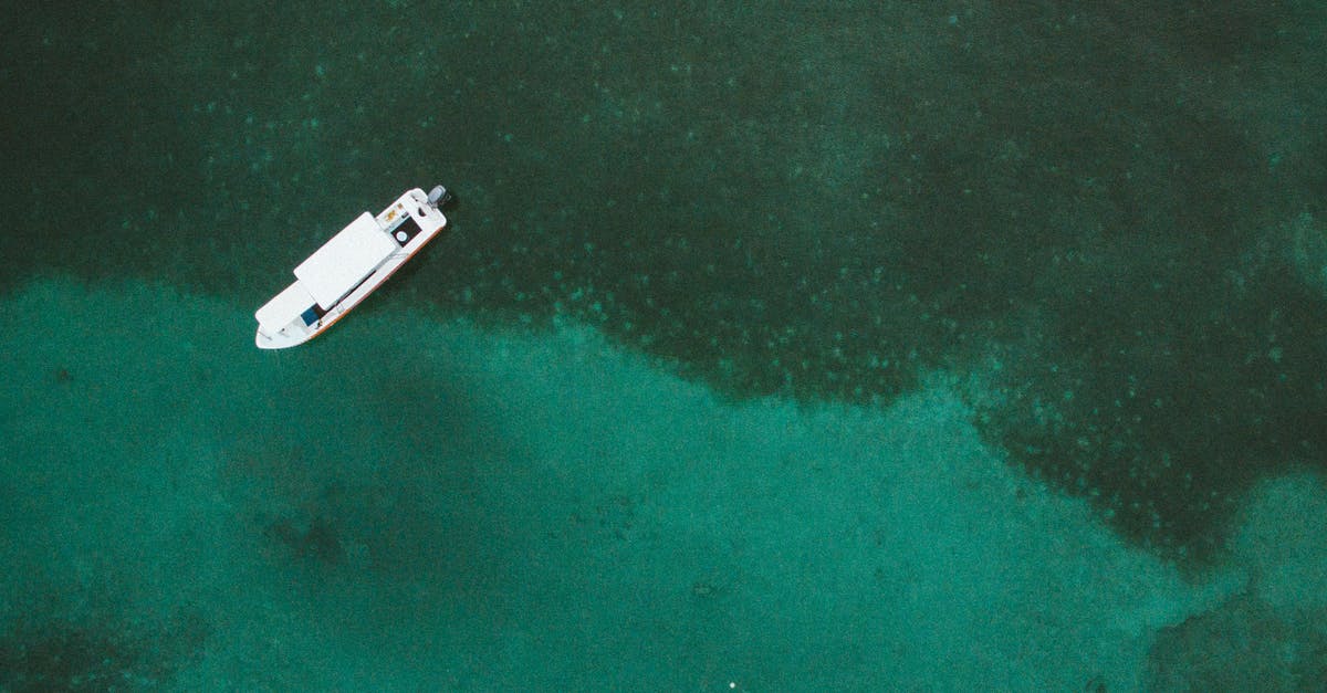 Fishing schools in shallow water - Drone view of white boat on surface of clear water with green algae on bottom Fishing schools in shallow water - Drone view of white boat on surface of clear water with green algae on bottom