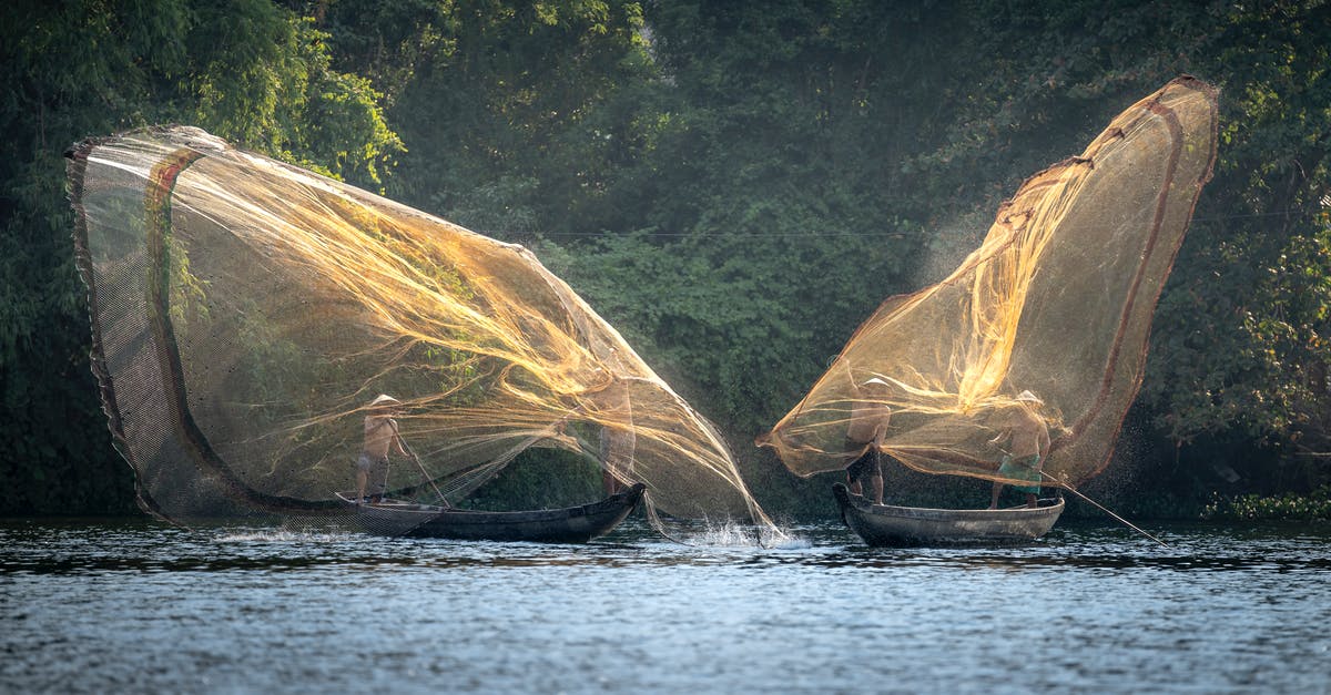 Fishing schools in shallow water - Boats with fishermen in traditional headdress floating on river near green trees and setting fishing net in sunny day Fishing schools in shallow water - Boats with fishermen in traditional headdress floating on river near green trees and setting fishing net in sunny day