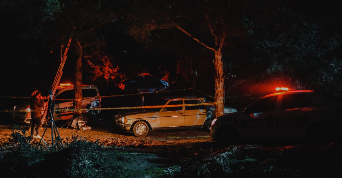 Giant gravestones in Forbidden Woods - Investigators from police working on crime scene fenced with caution tape in woods at night