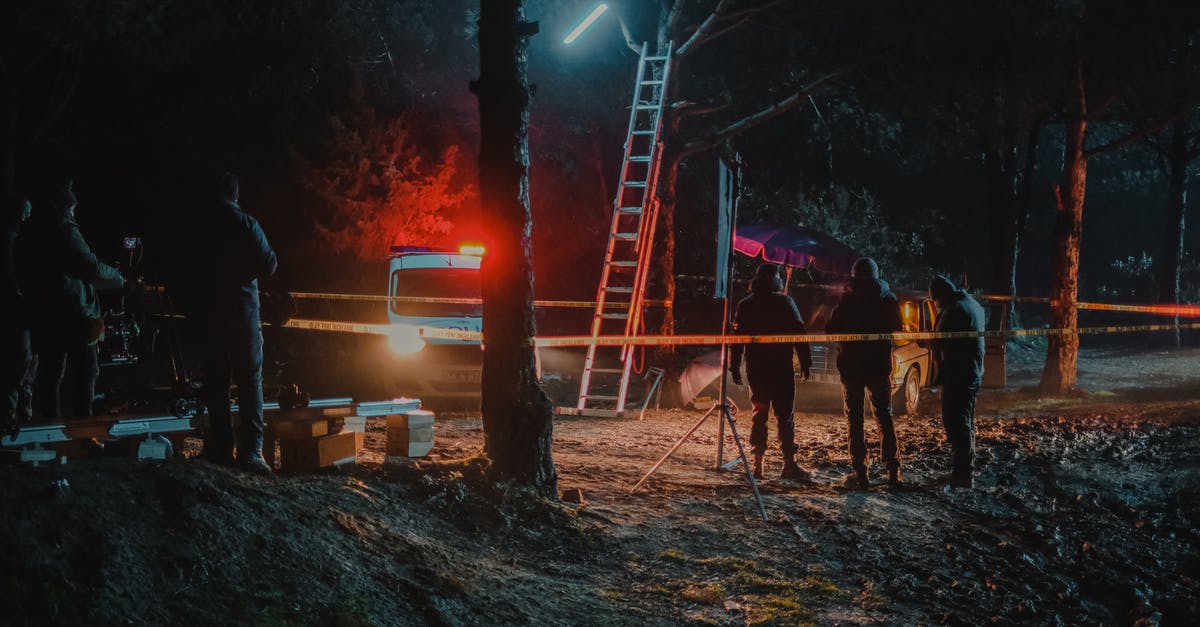 Giant gravestones in Forbidden Woods - Group of colleagues investigating crime scene fenced with tape among trees at dark night