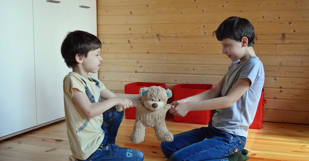 GoWipe gone wrong - Side view full length irritated fighting brothers sitting on floor and pulling teddy bear to sides