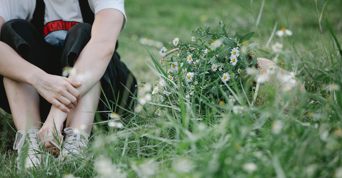 Grass doesn't grow - Crop faceless female in overall and t shirt sitting on green field with grass and white flowers near plants in summer day in nature
