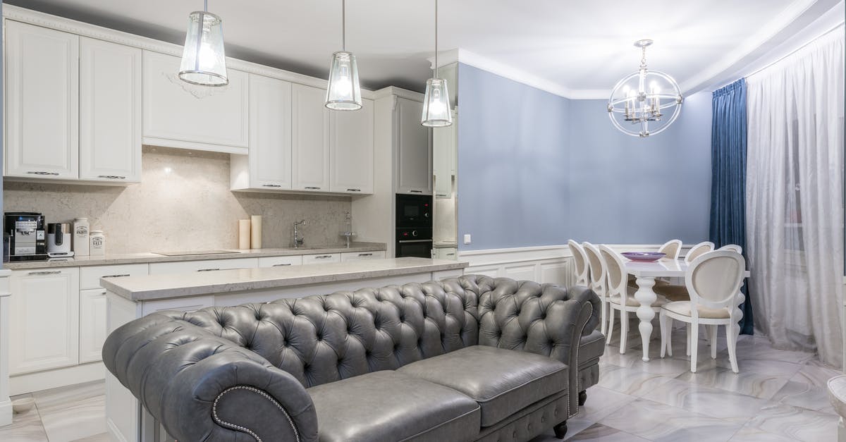 Housing zones not rebuilding - Contemporary kitchen with comfortable sofa and table with chairs placed near curtains and white cupboards illuminated with shining lamps