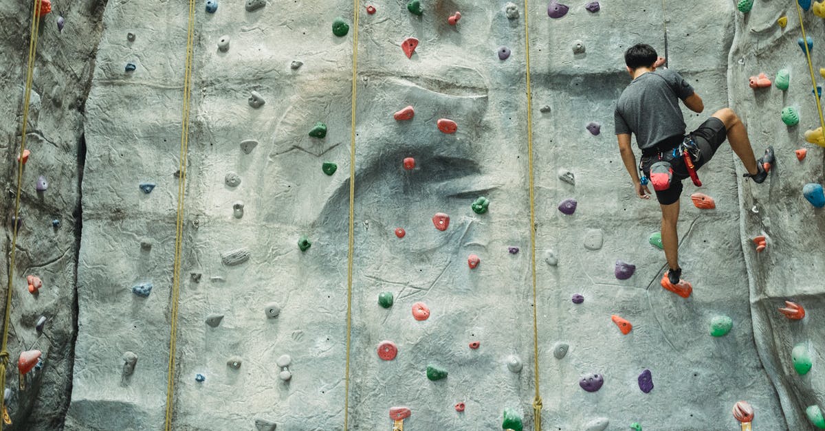 How am I supposed to climb the wall? - Back view of anonymous climber with special equipment in sportswear climbing on climbing wall during training in gym How am I supposed to climb the wall? - Back view of anonymous climber with special equipment in sportswear climbing on climbing wall during training in gym