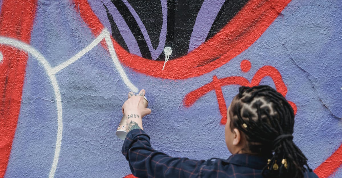 How can I build a boat? - Back view of unrecognizable female artist with black braided hair spraying white paint on colorful wall while standing on street