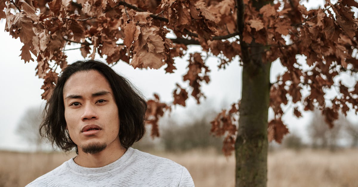 How can I get Serena to leave me alone? - Serious Asian man wearing warm pullover standing in autumn meadow under foliage of tree