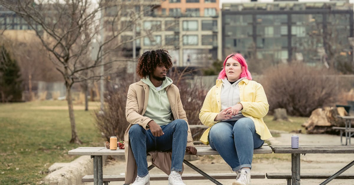 How can I join an English chat channel? - Multiethnic couple sitting on table in park How can I join an English chat channel? - Multiethnic couple sitting on table in park