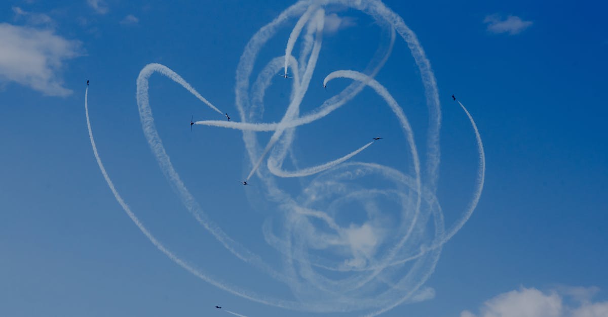 How can I make my air force more effective? - From below of air tattoo with airplanes demonstrating acrobatic flight with wavy traces in cloudy sky