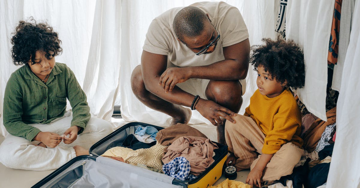 How can I motivate my ally to leave home? - African American father in eyewear with sad kids with curly hair sitting near opened suitcase How can I motivate my ally to leave home? - African American father in eyewear with sad kids with curly hair sitting near opened suitcase