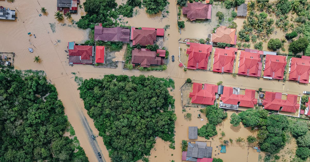 How can I place a block randomly around my world? - Overhead view of colorful roofs of residential buildings and lush green trees in flooded small village