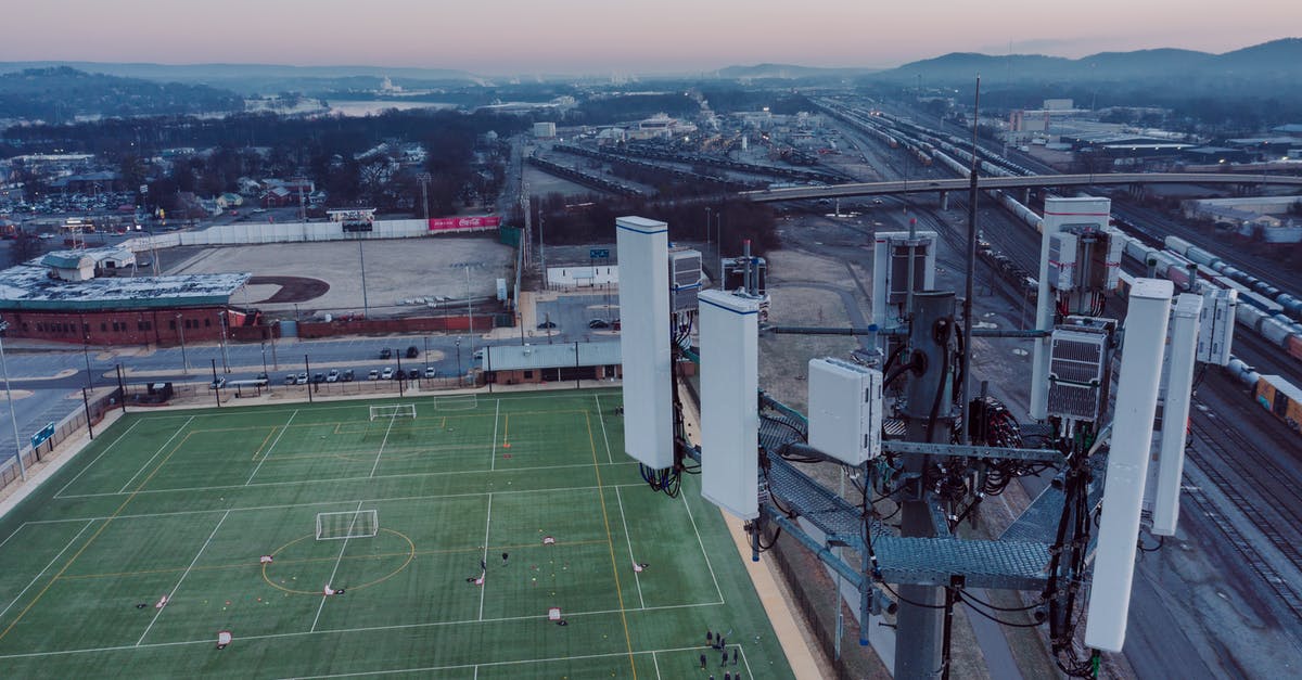 How can I play multiplayer Among Us over LAN? - Drone view of contemporary cell site with antennas located in city suburb near green rugby fields against sundown sky in Chattanooga