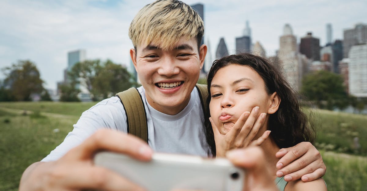How can I use cheats to summon a villager in Minecraft? (Then have it make more?) - Cheerful Asian boyfriend hugging ethnic girlfriend making grimace while taking self portrait on cellphone in green city park