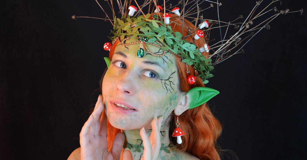 How concerned should I be about fake art? - Young lady wearing enchantress costume with body art and green wreath with leaves and twigs with small decorative mushrooms in hair and fake ears looking away on black background How concerned should I be about fake art? - Young lady wearing enchantress costume with body art and green wreath with leaves and twigs with small decorative mushrooms in hair and fake ears looking away on black background