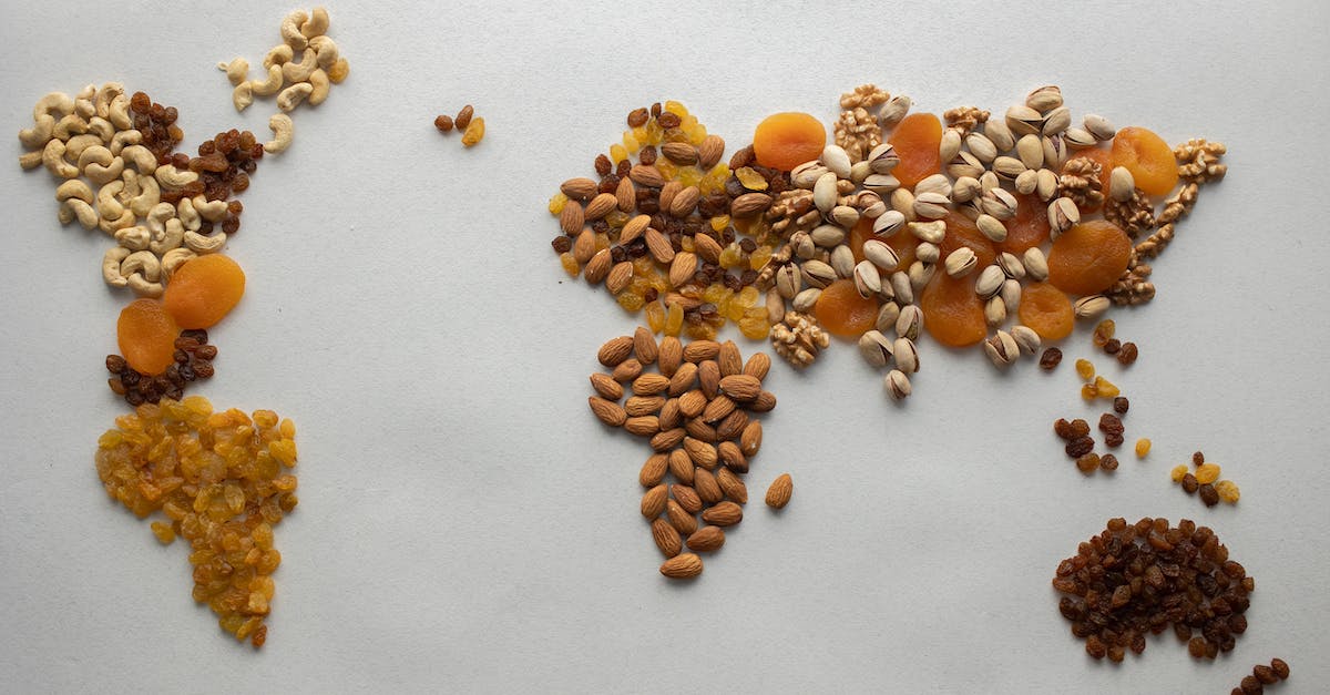 How different is Demo world from a regular world? - Top view of creative world continents made of various nuts and assorted dried fruits on white background in light room