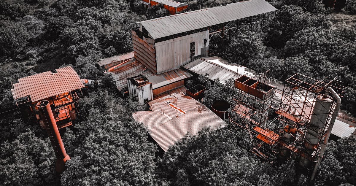 How do damage multipliers stack? - Drone view of aged abandoned coal mine with shabby buildings with red and gray roofs located in thick forest in summertime