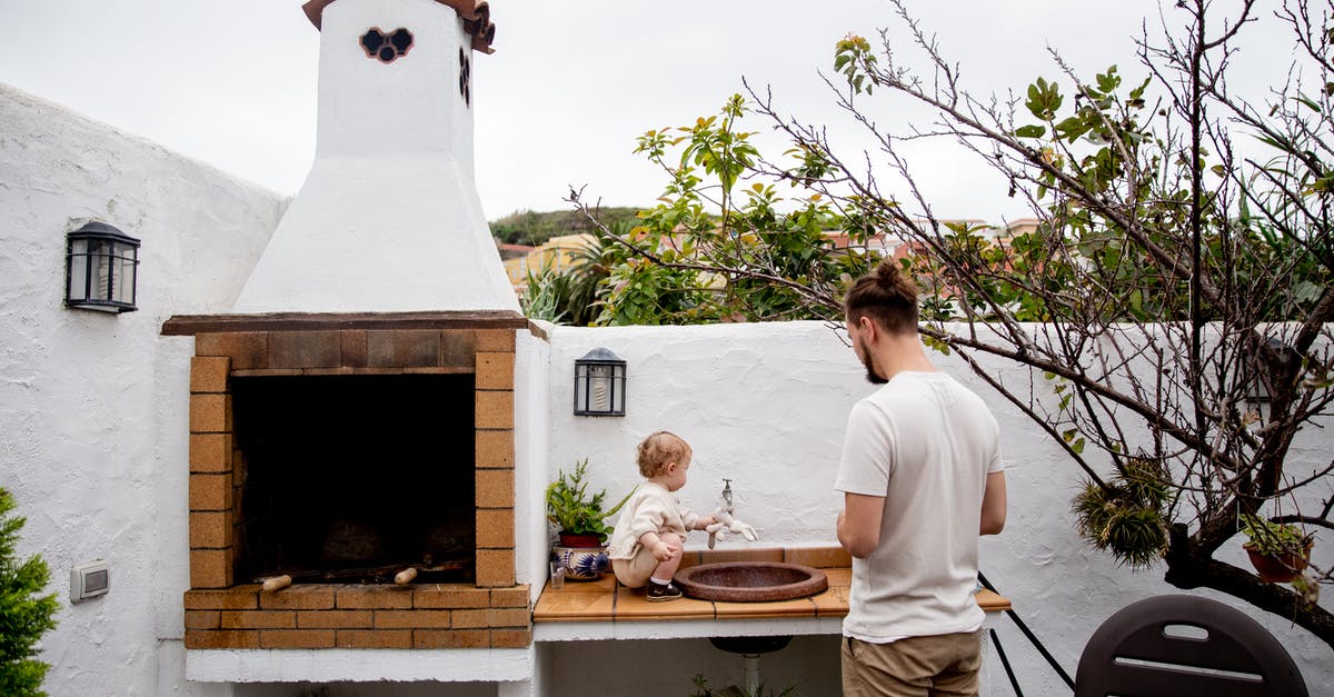 How Do I Activate the Cottage Blueprint? - Man wearing casual clothes exploring outdoor kitchen with fireplace and sink together with cute toddler kid in backyard near white stone fence during daytime at countryside