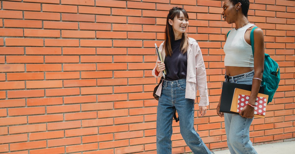 How do I break sturdy-looking rocks? - Positive African American female student with notebooks and backpack communicating with female friend wearing jeans while walking together near brick wall of university